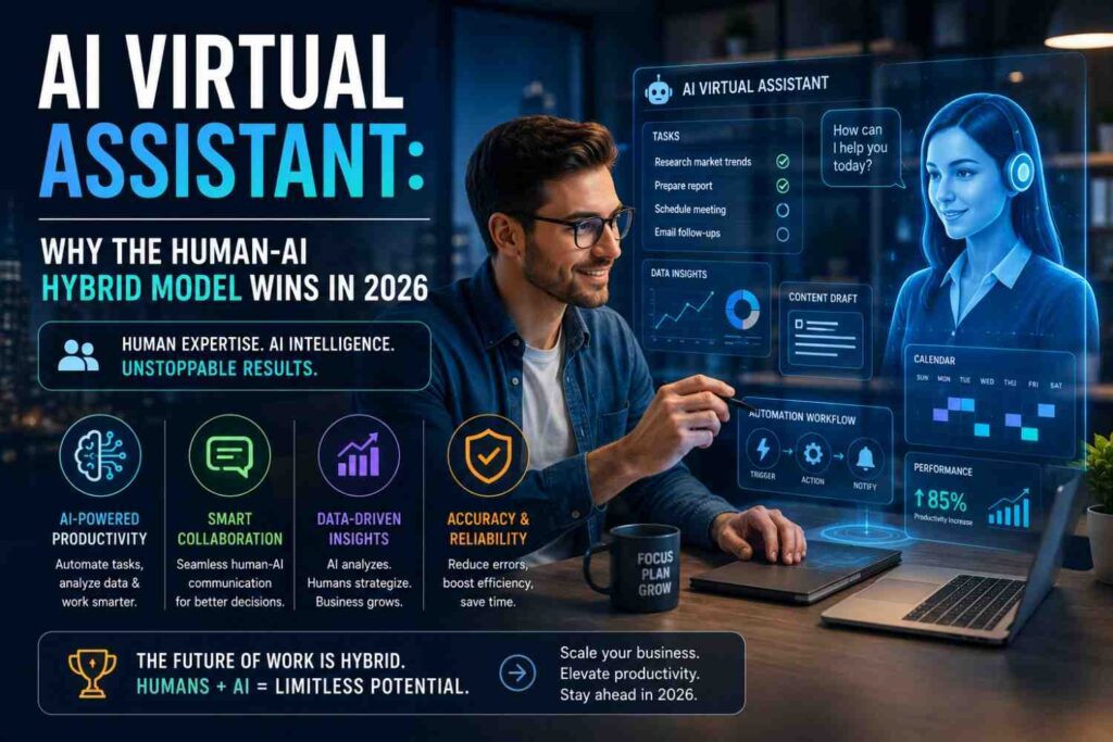 A futuristic AI virtual assistant workspace showing a human expert collaborating with advanced AI productivity tools