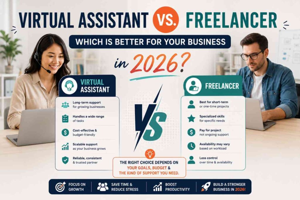 A professional comparison infographic of virtual assistant vs freelancer models