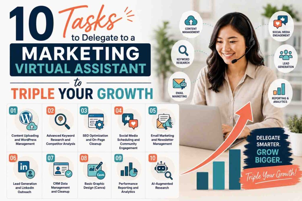 A professional marketing virtual assistant managing digital strategy in 2026