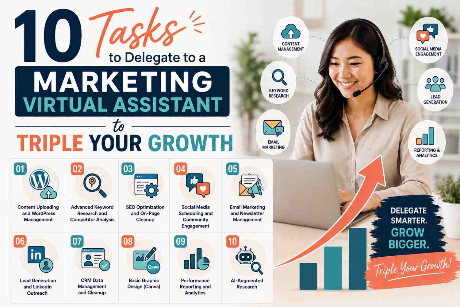 A professional marketing virtual assistant managing digital strategy in 2026