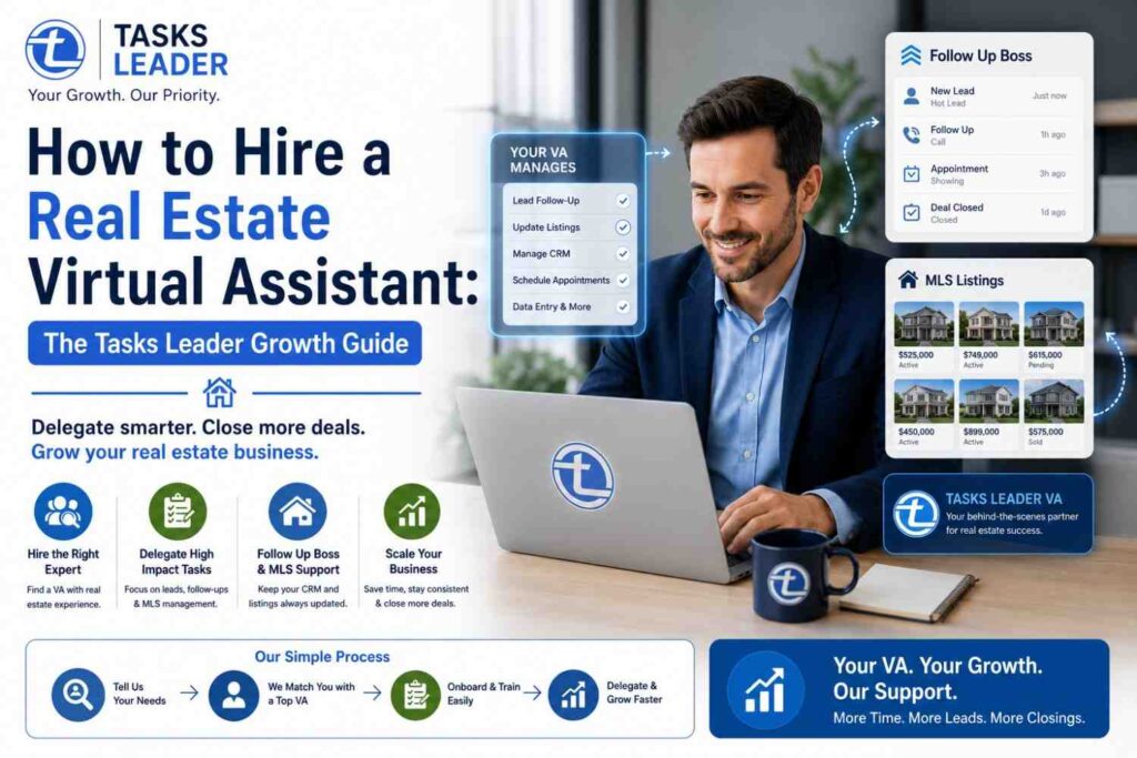 A professional real estate agent learning how to hire a real estate virtual assistant to manage their Follow Up Boss CRM and MLS listings.