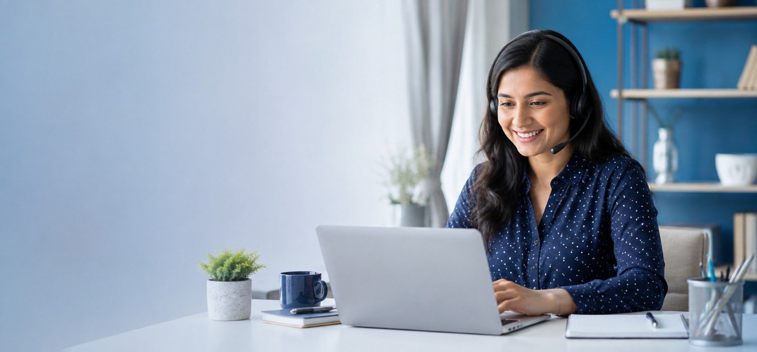 Friendly virtual assistant working at a laptop ready to help with your free trial tasks