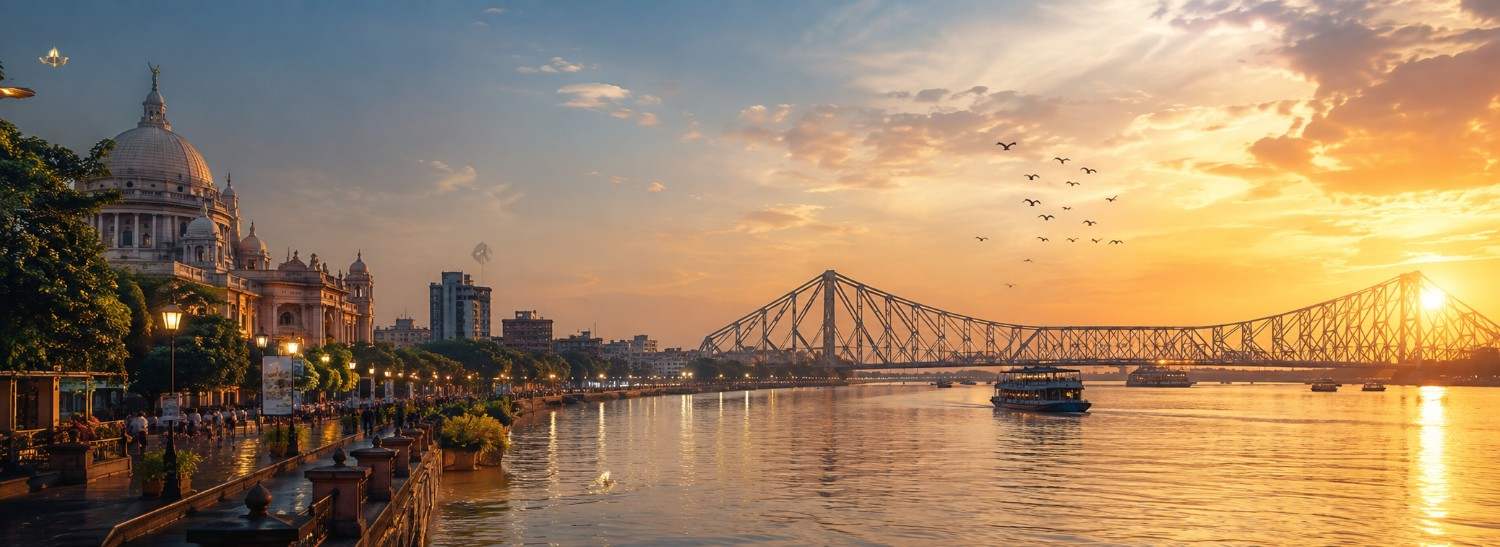 Kolkata India cityscape featuring Howrah Bridge and the Hooghly River at sunset
