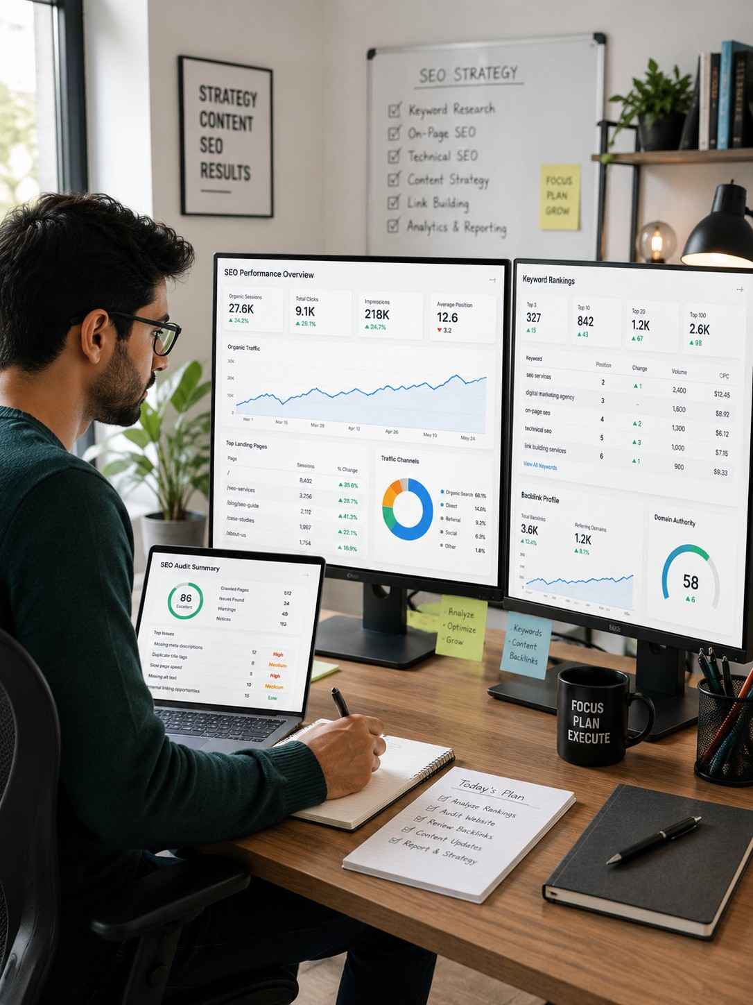 Professional SEO services specialist analyzing website rankings and traffic growth