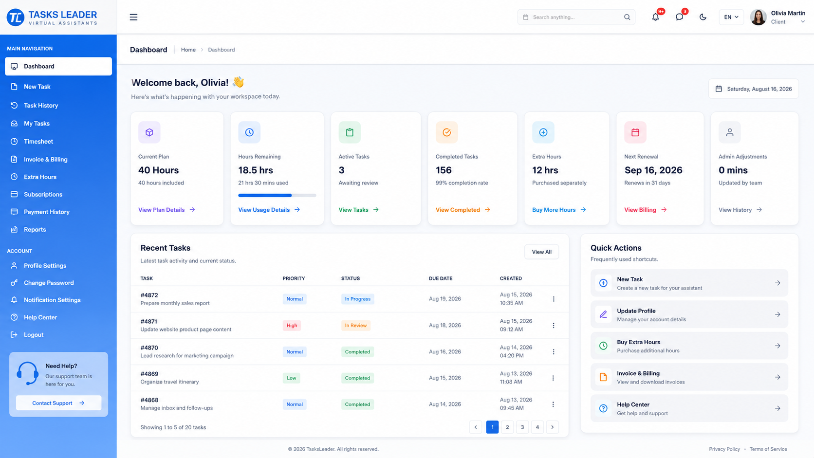 TasksLeader Client Portal Dashboard