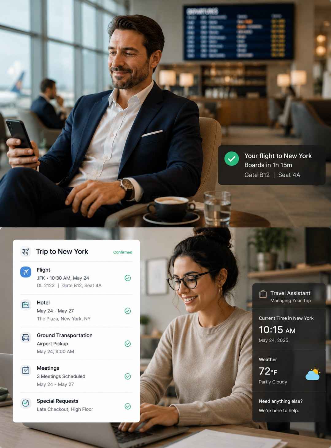 Travel virtual assistant helping a busy executive manage travel plans